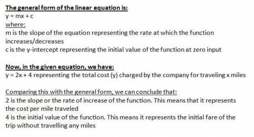 The yellow taxi companys charges are based on the function y=2x+4, where x is the number of miles tr