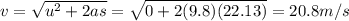 v=\sqrt{u^2+2as}=\sqrt{0+2(9.8)(22.13)}=20.8 m/s