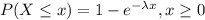 P(X\leq x)=1-e^{-\lambda x}, x\geq 0