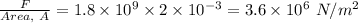 \frac{F}{Area,\ A} = 1.8\times 10^{9}\times 2\times 10^{- 3} = 3.6\times 10^{6}\ N/m^{2}