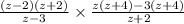 \frac{(z-2)(z+2)}{z-3}\times \frac{z(z+4)-3(z+4)}{z+2}