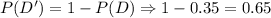 P(D')=1-P(D)\Rightarrow 1-0.35=0.65