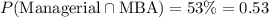 P(\text{Managerial} \cap \text{MBA}) = 53\% = 0.53