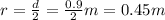 r=\frac{d}{2}=\frac{0.9}{2}m=0.45m