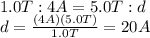 1.0 T : 4 A = 5.0 T : d\\d=\frac{(4A)(5.0T)}{1.0 T}=20 A