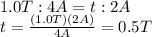 1.0 T:4A=t : 2A\\t=\frac{(1.0T)(2A)}{4A}=0.5 T