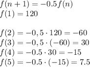 f(n+1)=-0.5f(n)\\&#10;f(1)=120\\\\&#10;f(2)=-0,5\cdot120=-60\\&#10;f(3)=-0,5\cdot(-60)=30\\&#10;f(4)=-0.5\cdot 30=-15\\&#10;f(5)=-0.5\cdot(-15)=7.5&#10;