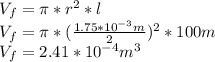 V_f=\pi*r^2*l\\V_f=\pi*(\frac{1.75*10^{-3}m}{2})^2*100m\\V_f=2.41*10^{-4}m^3