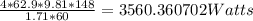 \frac {4*62.9*9.81*148}{1.71*60}=3560.360702  Watts