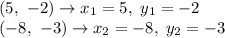 (5,\ -2)\to x_1=5,\ y_1=-2\\(-8,\ -3)\to x_2=-8,\ y_2=-3