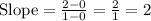 \text{Slope} = \frac{2-0}{1-0} = \frac{2}{1} = 2
