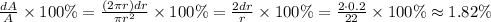 \frac{dA}{A}\times100\%=\frac{(2\pi r)dr}{\pi r^2}\times100\%=\frac{2dr}{r} \times100\%=\frac{2\cdot 0.2}{22} \times100\%\approx1.82\%