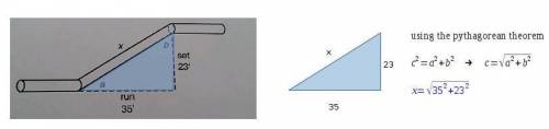 Apipefitter must connect two pipes as shown the run is 35 ft while the set is 23-ft how long of a pi