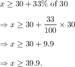 x\geq30+33\%~\textup{of}~30\\\\\Rightarrow x\geq30+\dfrac{33}{100}\times 30\\\\\Rightarrow x\geq30+9.9\\\\\Rightarrow x\geq39.9.