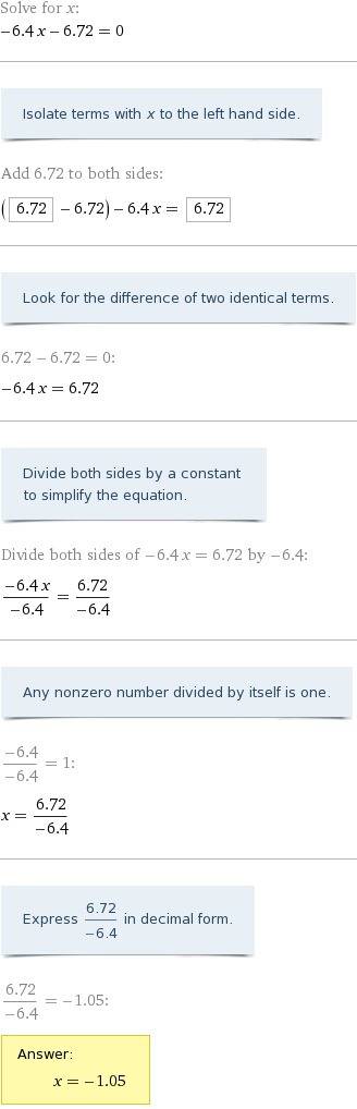 Which expression is equivalent to -3.2(2x-2.1)?  a. -6.4x + 6.72 b. -6.4x - 6.72 c. 6.4x + 6.72 d. -