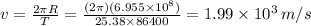 v=\frac{2\pi{R}}{T}=\frac{(2\pi)(6.955\times10^{8})}{25.38\times86400}=1.99\times10^{3}\,m/s