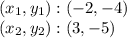 (x_ {1}, y_ {1}): (- 2, -4)\\(x_ {2}, y_ {2}) :( 3, -5)