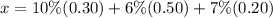 x=10\%(0.30)+6\%(0.50)+7\%(0.20)