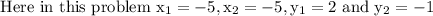 \text { Here in this problem } \mathrm{x}_{1}=-5, \mathrm{x}_{2}=-5, \mathrm{y}_{1}=2 \text { and } \mathrm{y}_{2}=-1