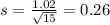 s = \frac{1.02}{\sqrt{15}} = 0.26