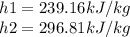 h1=239.16kJ/kg\\h2=296.81kJ/kg