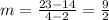 m =  \frac{23 - 14}{4 - 2}  =  \frac{9}{2}