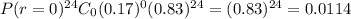 P(r=0)^{24}C_0(0.17)^0(0.83)^{24}=(0.83)^{24}=0.0114