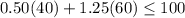 0.50(40)+1.25(60)\leq100