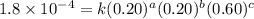 1.8\times 10^{-4}=k(0.20)^a(0.20)^b(0.60)^c