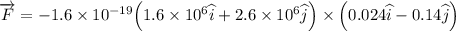 \overrightarrow{F}=-1.6\times10^{-19}{\left ( 1.6\times 10^{6}\widehat{i}+2.6 \times 10^{6}\widehat{j} \right )\times \left ( 0.024\widehat{i}-0.14\widehat{j} \right )}