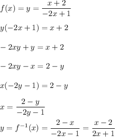 f(x)=y=\dfrac{x+2}{-2x+1}\\ \\y(-2x+1)=x+2\\ \\-2xy+y=x+2\\ \\-2xy-x=2-y\\ \\x(-2y-1)=2-y\\ \\x=\dfrac{2-y}{-2y-1}\\ \\y=f^{-1}(x)=\dfrac{2-x}{-2x-1}=\dfrac{x-2}{2x+1}