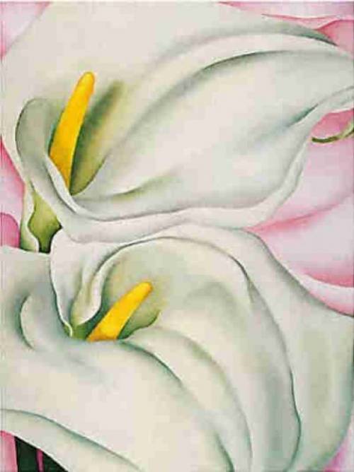How does georgia o'keeffe use two colors that generally clash to create harmony in her painting two
