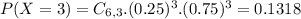 P(X = 3) = C_{6,3}.(0.25)^{3}.(0.75)^{3} = 0.1318