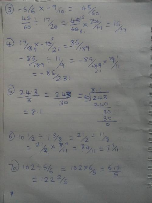 What is .  .?  1. 0.23 (1.2) 2. (0.3) (-0.12)(2.4) 3. -5/6 x (-9/10) divided by 17/20 4. 17/18 x (-1