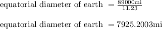 \begin{array}{l}{\text { equatorial diameter of earth }=\frac{89000 \mathrm{mi}}{11.23}} \\\\ {\text { equatorial diameter of earth }=7925.2003 \mathrm{mi}}\end{array}
