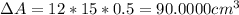 \Delta A = 12*15*0.5 = 90.0000 cm^3