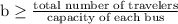 \mathrm{b} \geq \frac{\text {total number of travelers}}{\text {capacity of each bus}}