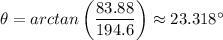 \theta  = arctan \left(\dfrac{83.88}{194.6} \right) \approx 23.318^{\circ}