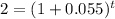 2=(1+ 0.055)^t