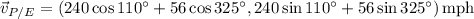 \vec v_{P/E}=(240\cos110^\circ+56\cos325^\circ,240\sin110^\circ+56\sin325^\circ)\,\mathrm{mph}