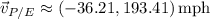 \vec v_{P/E}\approx(-36.21,193.41)\,\mathrm{mph}