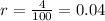 r= \frac{4}{100} =0.04