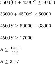 5500(6)+4500S \geq 50000\\\\33000+4500S \geq 50000\\\\4500S \geq 50000-33000\\\\4500S\geq 17000\\\\S\geq \frac{17000}{4500}\\\\S\geq 3.77