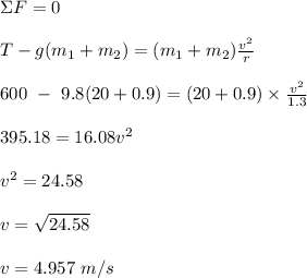 \Sigma F= 0\\\\T - g(m_1 + m_2) = (m_1+ m_2 ) \frac{v^2}{r} \\\\600 \ - \ 9.8(20 + 0.9) = (20 + 0.9) \times \frac{v^2}{1.3} \\\\395.18  = 16.08v^2\\\\v^2 = 24.58\\\\v= \sqrt{24.58} \\\\v = 4.957 \ m/s