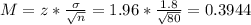 M = z*\frac{\sigma}{\sqrt{n}}  = 1.96*\frac{1.8}{\sqrt{80}} = 0.3944