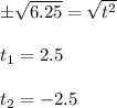 \±\sqrt{6.25} =\sqrt{t^2}\\\\t_1=2.5\\\\t_2=-2.5