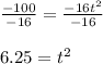 \frac{-100}{-16}=\frac{-16t^2}{-16}\\\\6.25=t^2