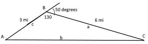 Amy, on a jog, runs in a straight line for 3 miles. she then changes direction, heading 50 degrees t