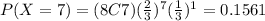 P(X=7)=(8C7)(\frac{2}{3})^{7}(\frac{1}{3})^{1}=0.1561