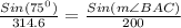 \frac{Sin(75^0)}{314.6} =\frac{Sin(m\angle BAC)}{200}